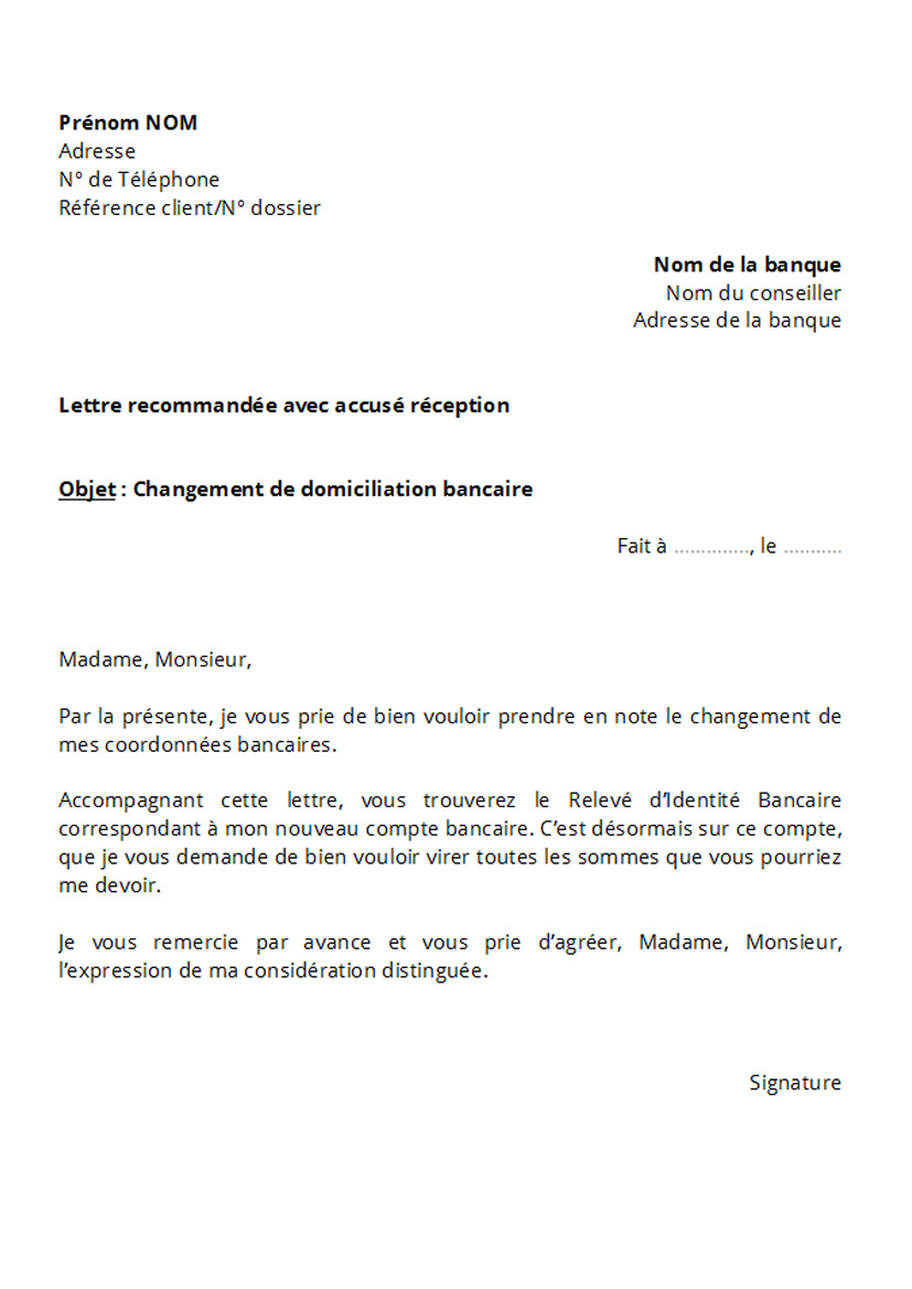 modele de courrier changement de domiciliation bancaire