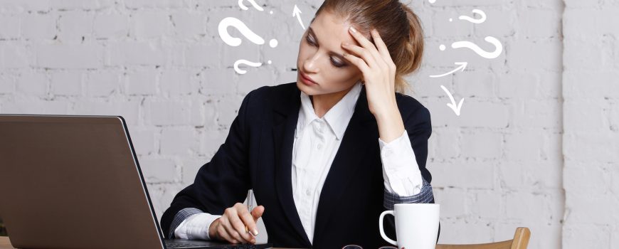 Business question woman work in office on notebook.